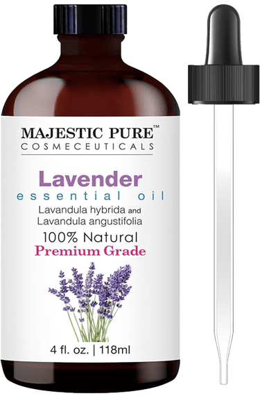 Majestic Pure 100% Pure Lavender Essential Oil next to a dropper cap 