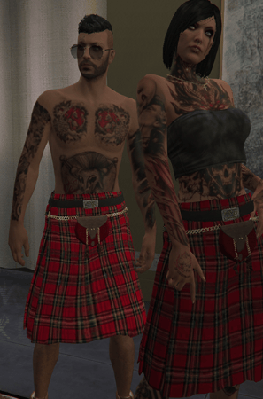 a man and woman in plaidered kilts