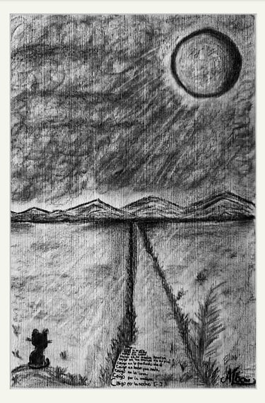 drawing of a cat watching the moon