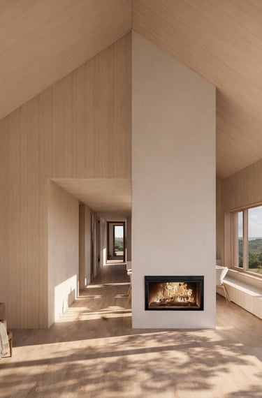 Lys stue i tre med store vinduer og peis, designet av Trearkitekter.