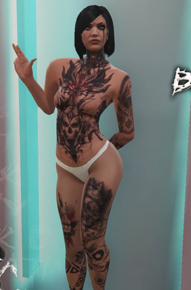 a woman with tattoos on her chest and a tattoo on her chest
