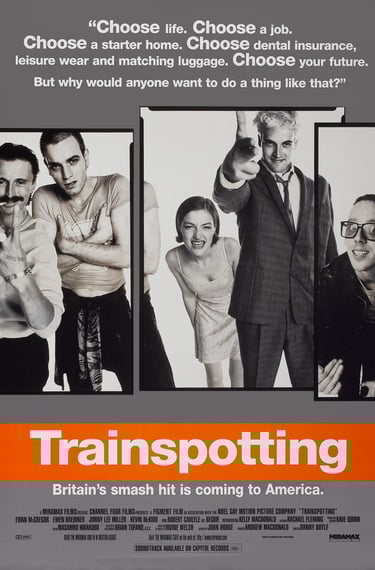 Poster for Danny Boyle's Trainspotting screening hosted by Auckland International Film Club