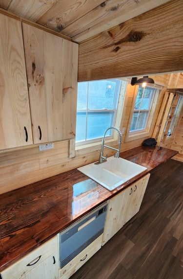 Craftsman Tiny Homes Nordic 24ft Spacious Kitchen Custom Butcher Block Countertop