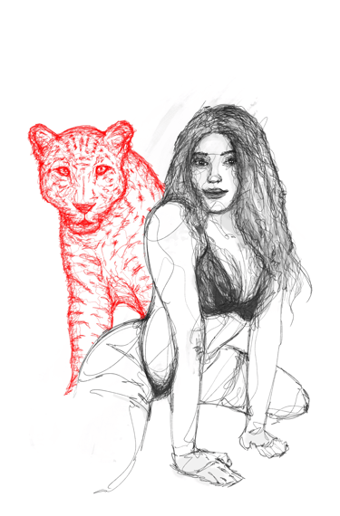 scribble art drawing nude woman with jaguar by nuditat