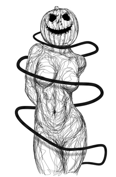 naked woman with pumpkin head scribble art drawing by nuditat