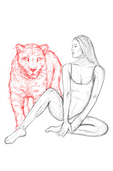woman posing with leopard scribble art drawing by nuditat