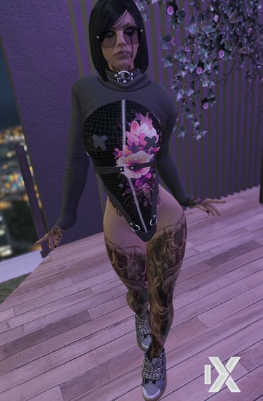 a woman in a bodysuit with a flower on it