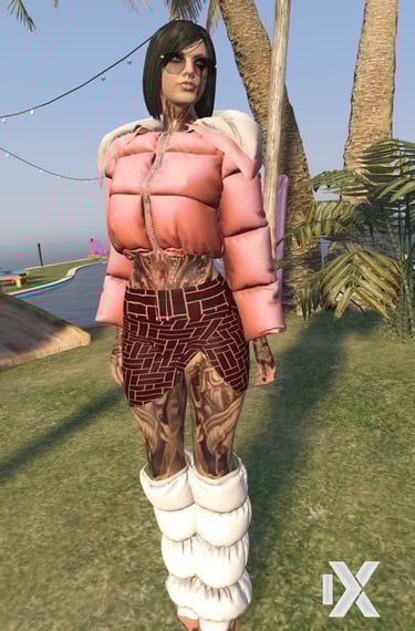 a woman in a pink outfit is standing in the grass