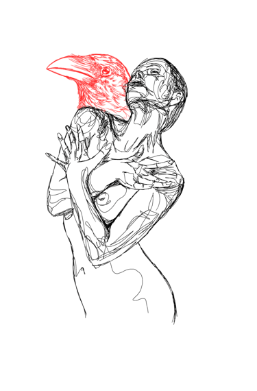 scribble art drawing nude woman with raven by nuditat
