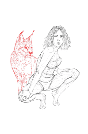 scribble art drawing nude woman with lynx by nuditat