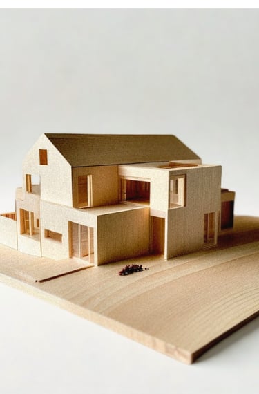 Arkitekturmodell av enebolig i tre. Tilbygg og ombygging prosjektert av Trearkitekter.