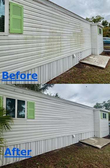 Before and after soft wash cleaning of mobile home siding removing mildew and algae
