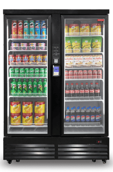 a refrigerator with two doors open and a few drinks