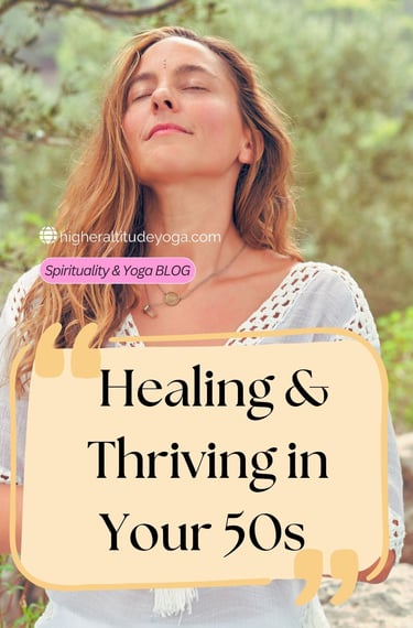 A woman practices mindful meditation outdoors for a yoga blog about healing and thriving in your 50s.
