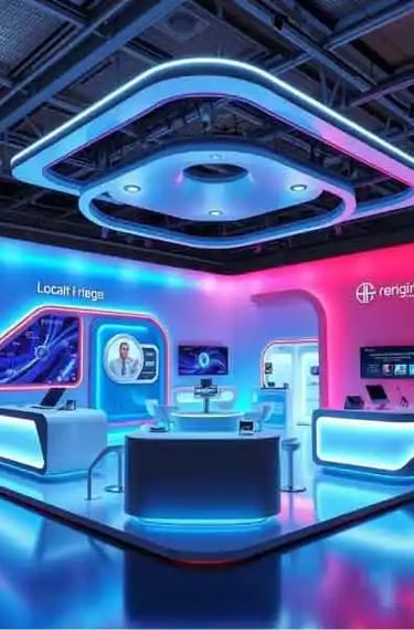 إضاءة متقنة وخامات فاخرة في تصميم بوث عرض بمعرض تجاري إضاءة معارض، تصميم بوث