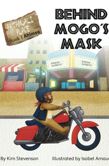 Book cover of Behind Mogo's Mask by Kim Stevenson. A cartoon lion rides a red motorcycle in a city.