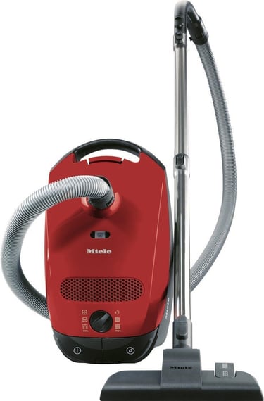 a red vacuum cleaner with a vacuum and a vacuum
