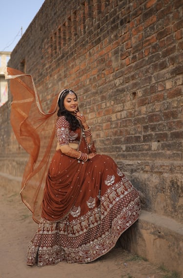 Full bridal look with traditional lehenga and makeup and hairstyle near me in Gotri Vadodara.