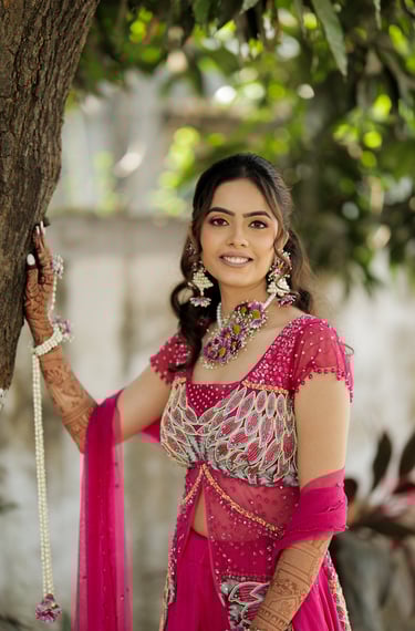 haldi bridal look, floral jewelry bride, haldi makeup ideas, bridal makeup vadodara, indian bride in