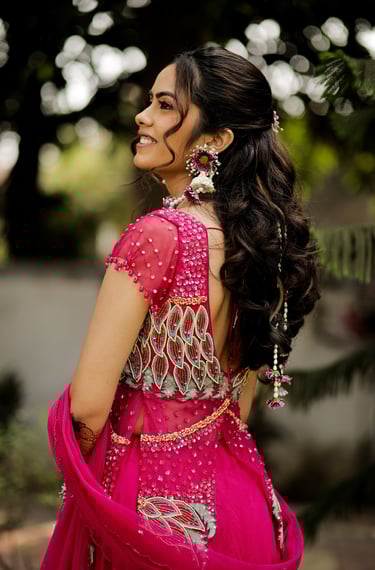 bridal hairstyle haldi, soft curls hairstyle, floral bridal hairstyle, indian wedding hair, haldi ha