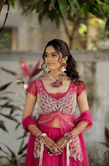 pink bridal outfit, haldi outfit ideas, modern indian bride, colorful bridal look, haldi ceremony dr