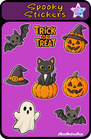 Halloween sticker sheet full of individual sticker such as bats, cats, ghost and pumpkins cute