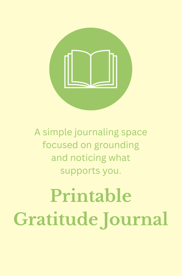 Printable gratitude journal template with an open book icon and grounding journaling prompts.