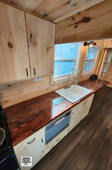 Craftsman Tiny Homes Nordic 24ft Spacious Kitchen Custom Butcher Block Countertop