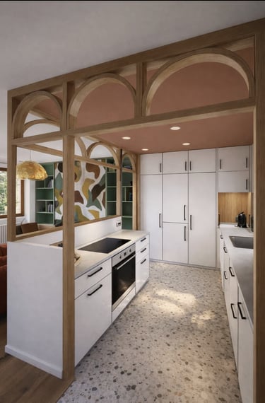 Modern kitchen with white cabinets, terrazzo flooring, and a decorative arched oak wood frame divider.