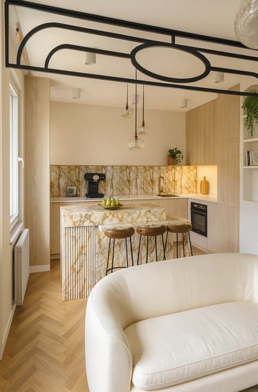 Modern luxury kitchen with marble island, breakfast bar stools, and minimalist wood cabinets.