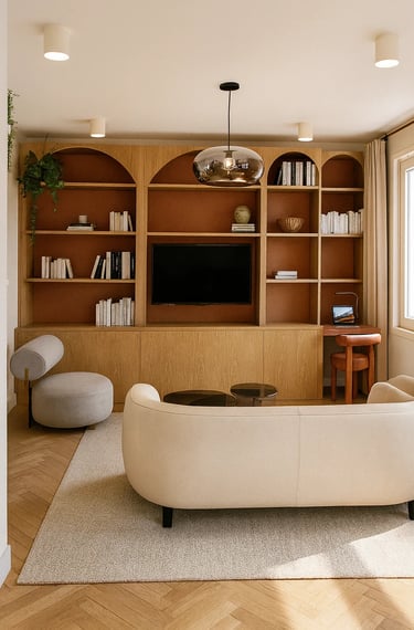 Modern living room featuring a custom arched oak wall unit with bookshelves and a built-in media center.