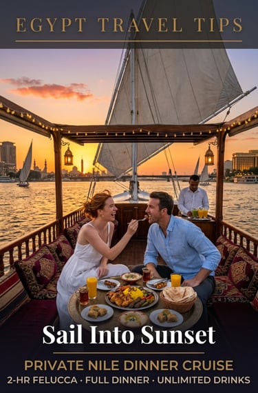 A couple enjoys a private sunset feluca dinner cruise on the Nile River in Egypt with traditional food.
