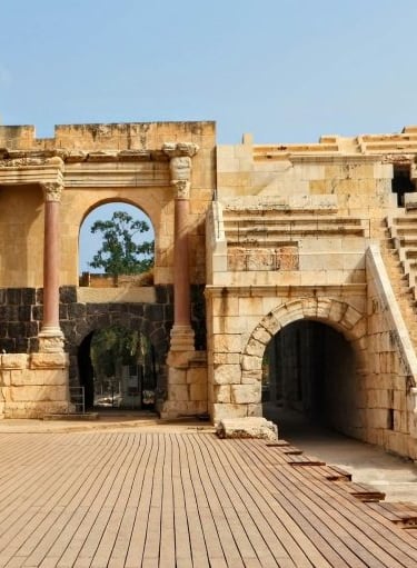 Stone temple with stairs and pillars of Tel Mar Elias, Jordan