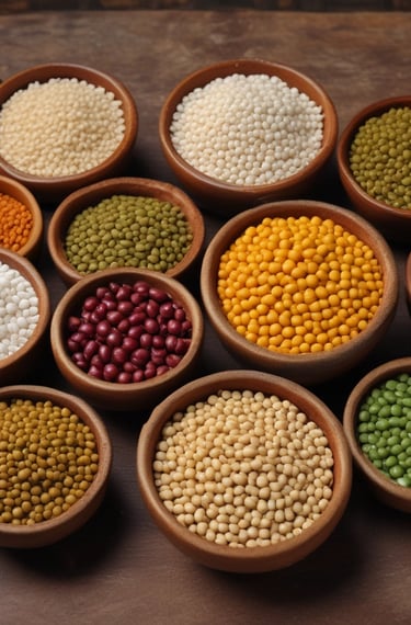 A rustic bowl filled with golden millet grains resting on a wooden table.