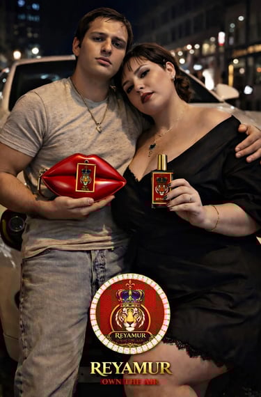 REYAMUR luxury fragrance Canada couple holding perfume and VIP kiss bag lifestyle shot