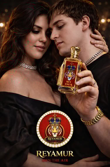 Luxury perfume couple holding REYAMUR fragrance in elegant romantic setting Canada