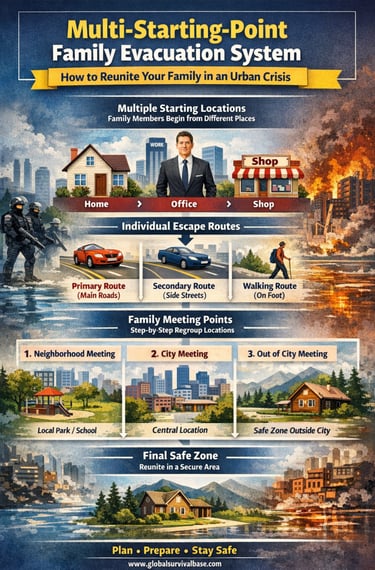 multi location family evacuation system infographic for crisis situations and safe relocation