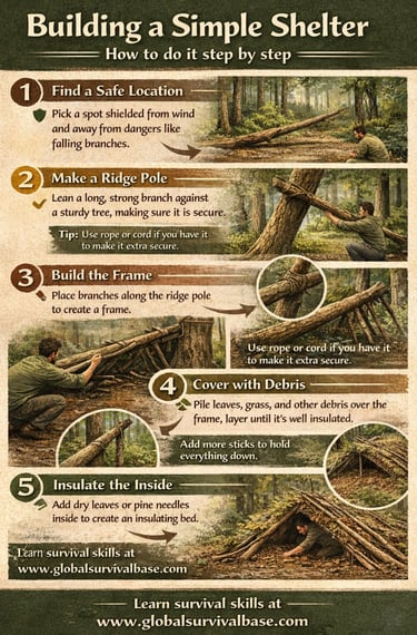 Step-by-step infographic on building a simple debris shelter for wilderness survival and bushcraft.