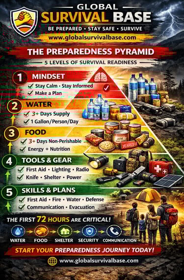 preparedness pyramid infographic showing levels of survival readiness from basic to advanced