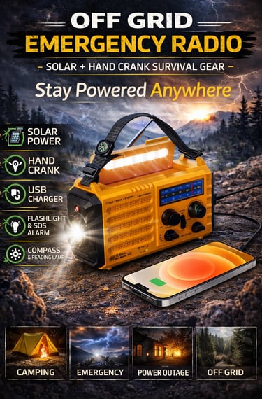 Solar and hand crank emergency radio with flashlight, SOS alarm, compass, and phone charging capabil
