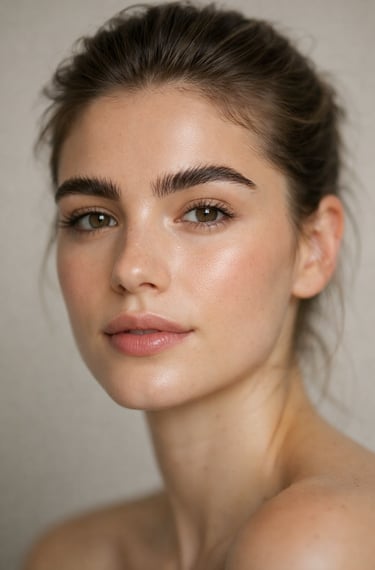 Young woman with natural glowing skin, feathered eyebrows, and a clean makeup look.