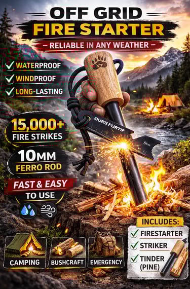 Ferro rod survival fire starter with striker creating sparks to start a fire, essential bushcraft an