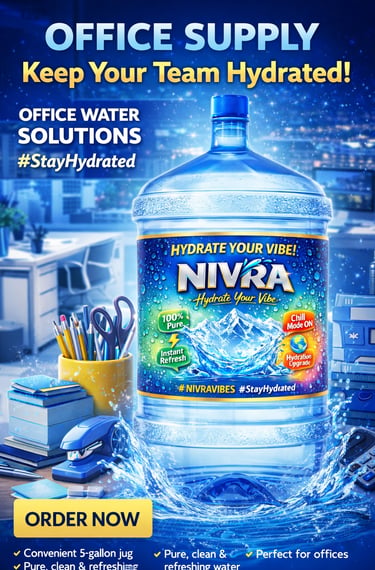 A 20 liter Nivra office water cooler jug on a desk with office supplies and a hydration message.