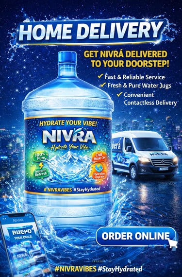 Nivra fresh water jug home delivery service with delivery van and mobile app ordering.