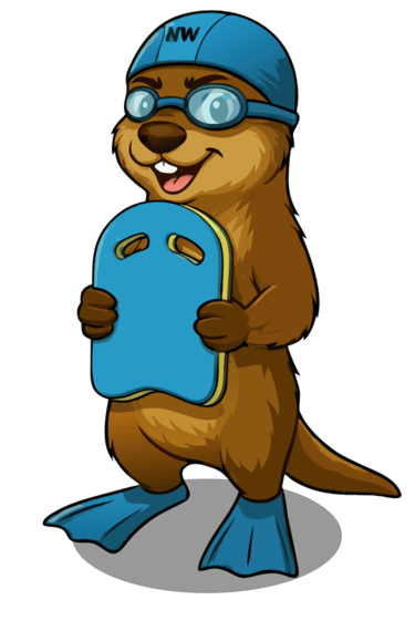 De vrolijke otter mascotte van NextWave zwemschool in Liedekerke met zwembril, badmuts en duikplank.