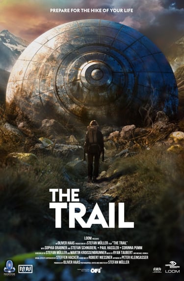 Movie poster for The Trail featuring a hiker facing a massive crashed metallic spacecraft in the mountains.
