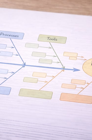 Fishbone diagram illustrating root cause analysis of processes and tools in a business workflow.