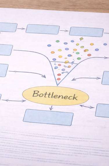 Workflow diagram showing multiple steps converging at a bottleneck.