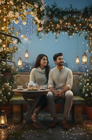 Couple romance. Happy Indian couple, rooftop cafe date.