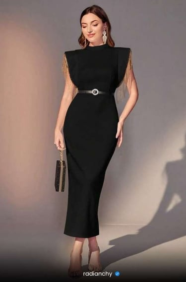 a woman in a black dress with a belt belt